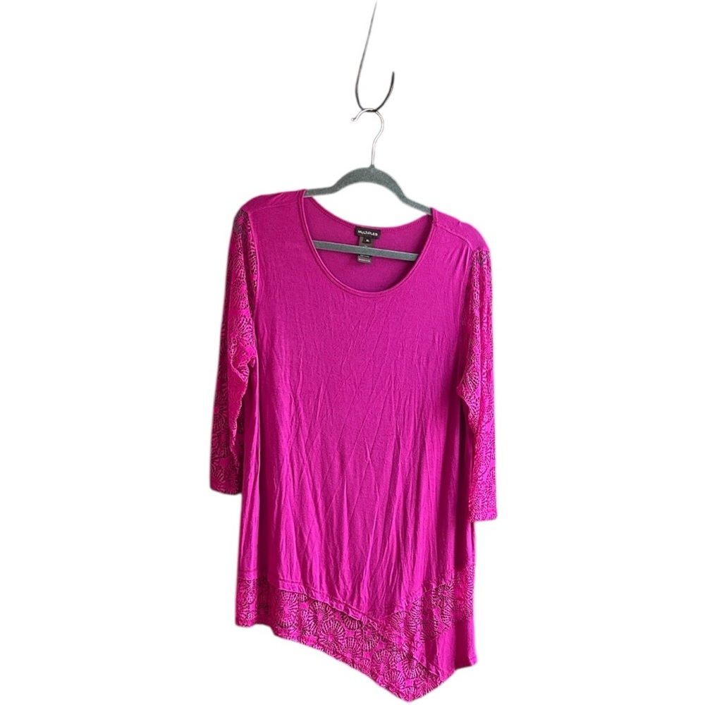 Multiples fuchsia asymmetrical hemline tunic/dress rayon spandex lace trim Sz XL